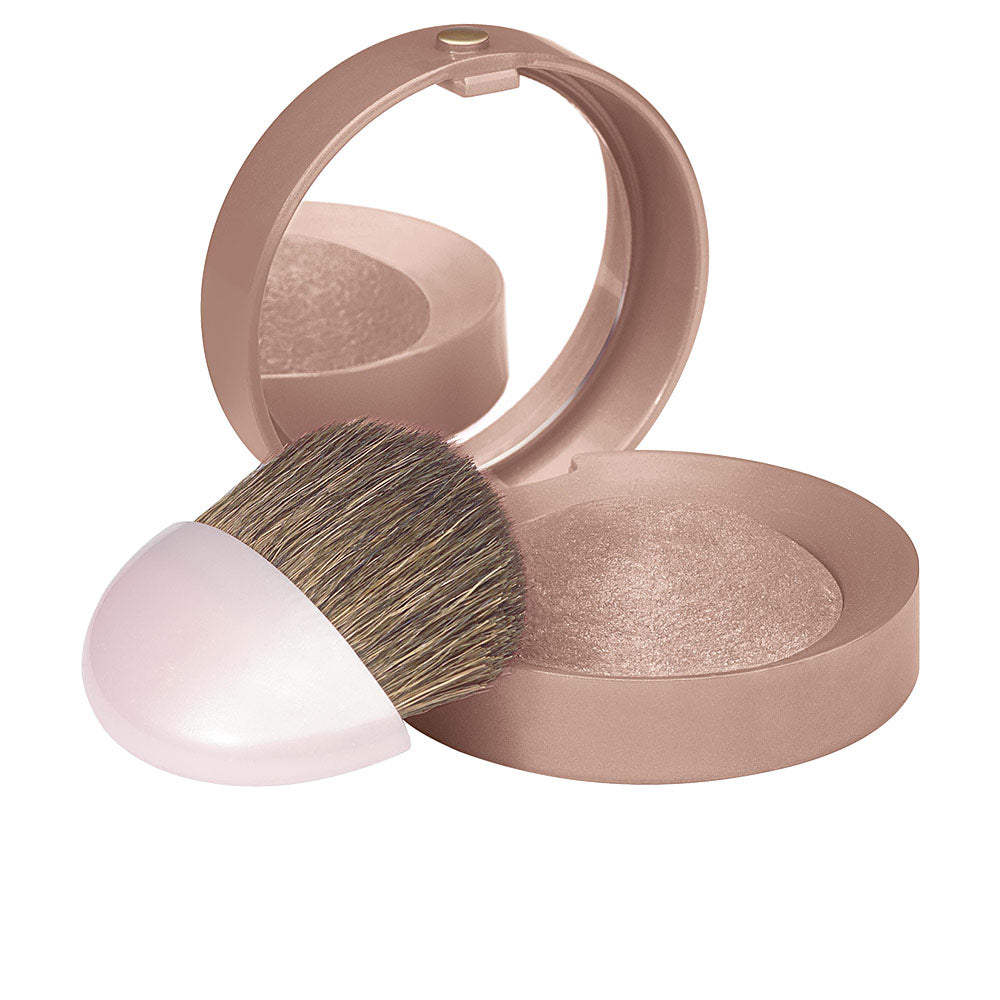 Round baked cheek blush compact with mirror and brush, shade 085 Sienne