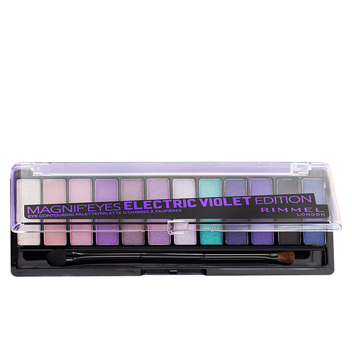 Compact 12-shade eye palette with mattes and shimmers, includes dual applicator, electric violet shade