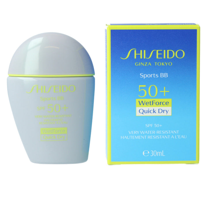 Tinted SPF50+ sports BB cream tube, medium‑dark shade, 30 ml, water‑resistant