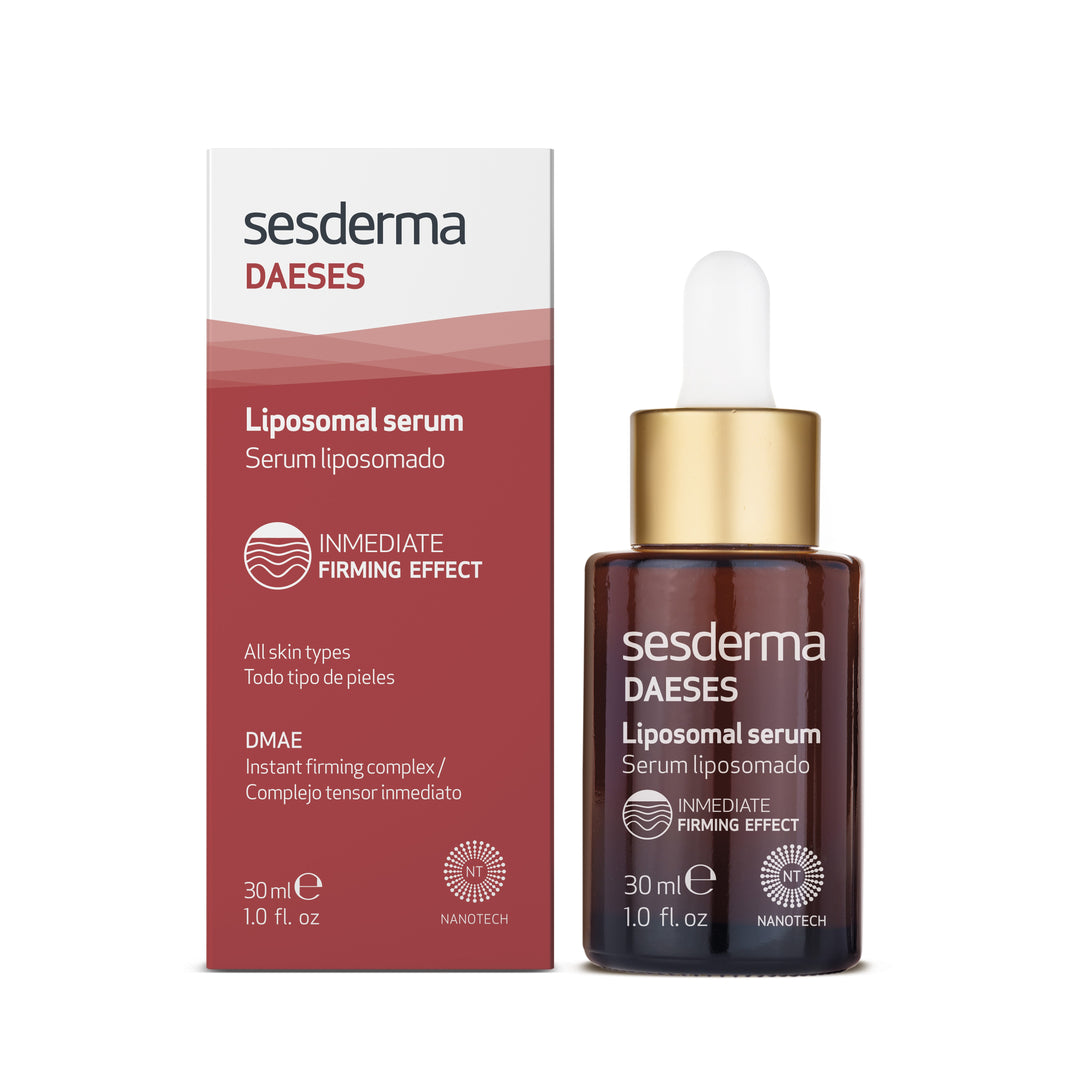 30 ml liposomal firming serum bottle, clear glass with pipette, labelled DMAE and organic silicon