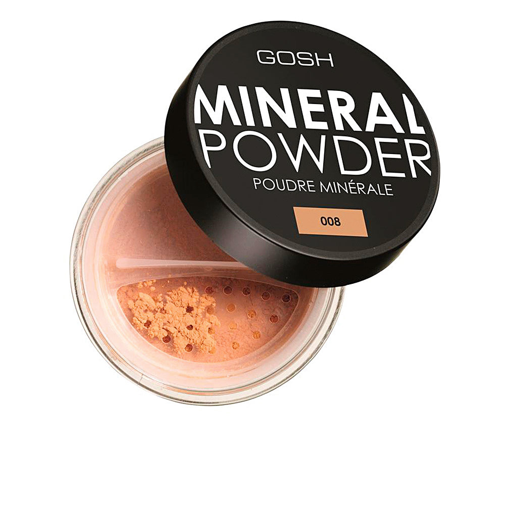 Small jar of tan mineral loose powder with soft, matte surface, 8 g