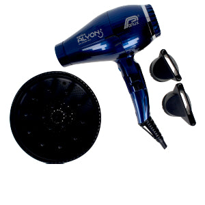 Night‑blue professional hair dryer, compact body, concentrator nozzle, hanging loop