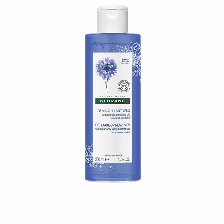 200 ml bottle of cornflower eye make‑up remover, clear liquid, for sensitive Unisex use