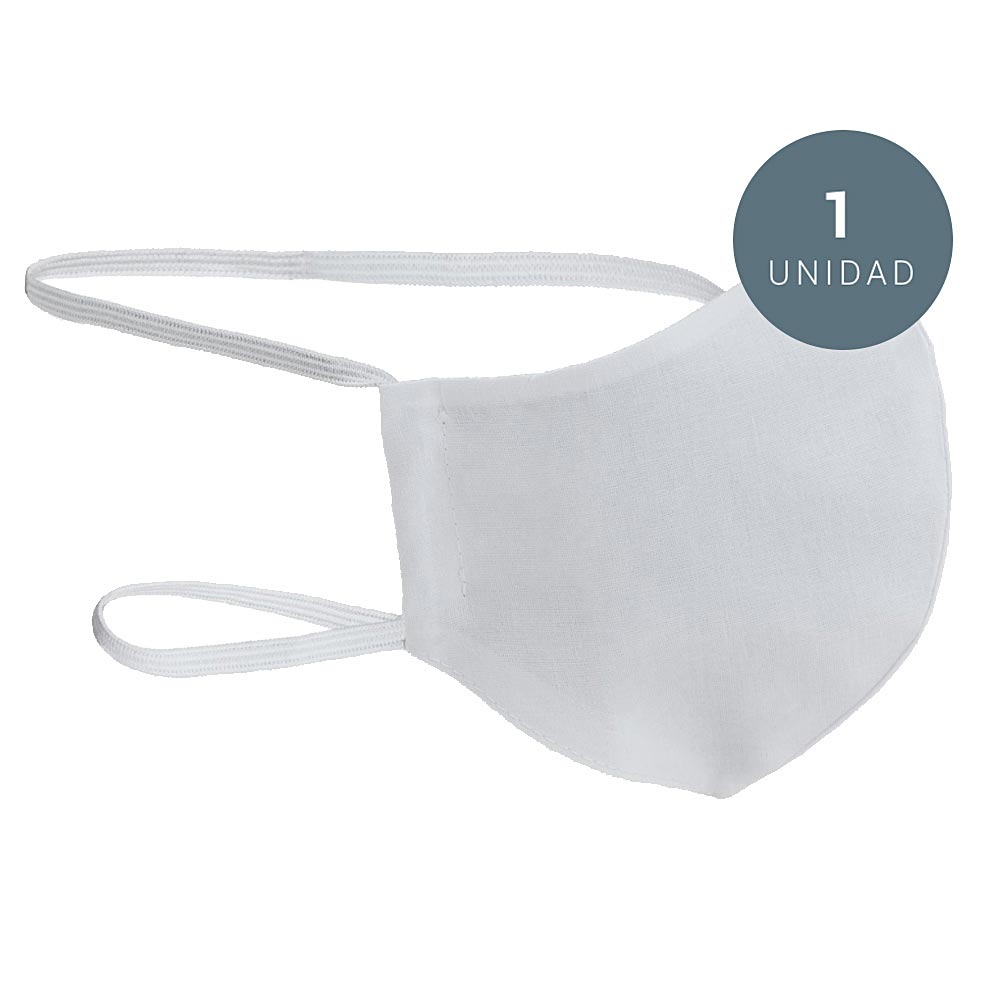White fabric face mask with elastic ear loops and curved shape for full-face coverage, crafted by Reprotect.