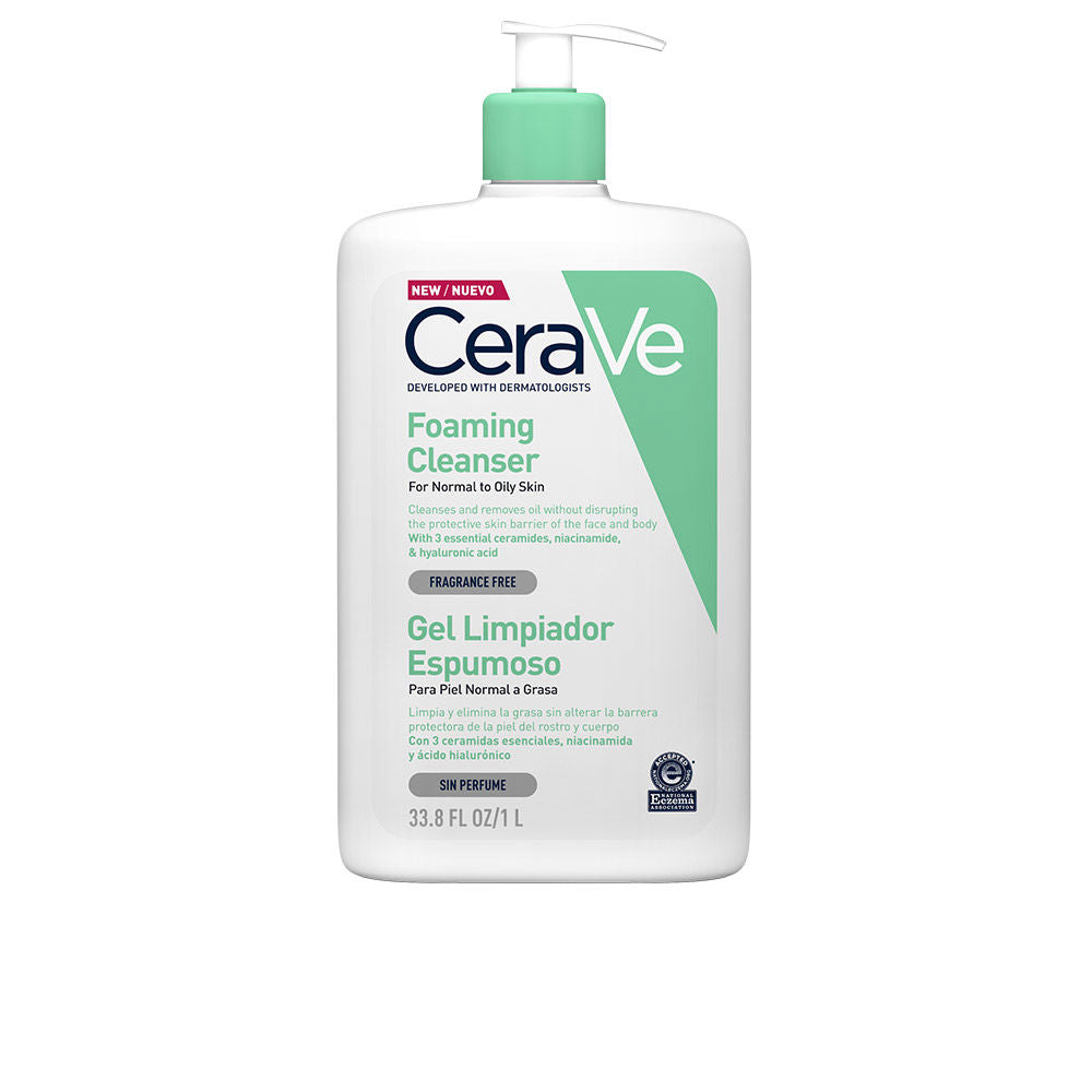 1‑litre clear bottle of unscented foaming gel cleanser, label notes ceramides and hyaluronic acid