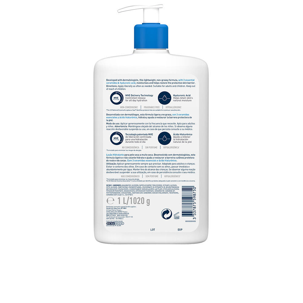 Pump bottle of lightweight, fragrance‑free ceramide and hyaluronic body lotion, 1,000 ml