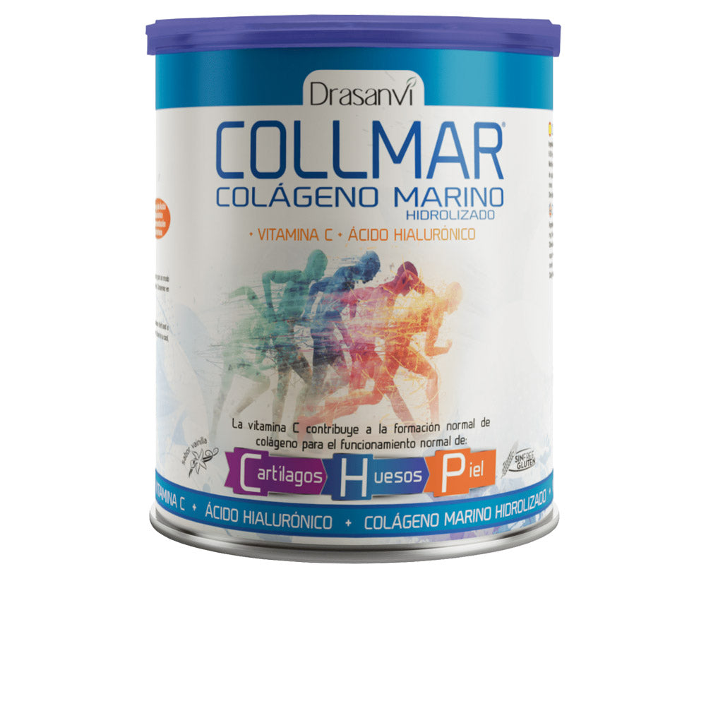 Drasanvi Glass jar of hydrolyzed marine collagen powder with vanilla label and scoop resting on powdered surface