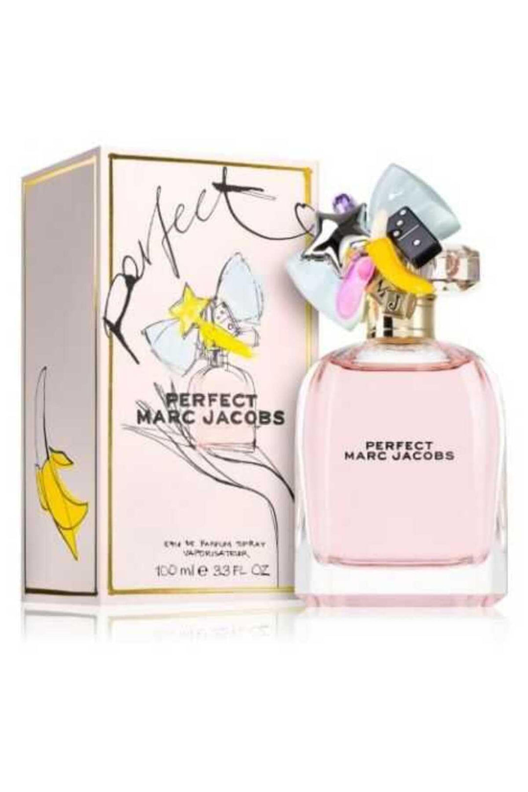 Rounded glass flacon with pink liquid and charm-adorned cap, 100 ml bottle