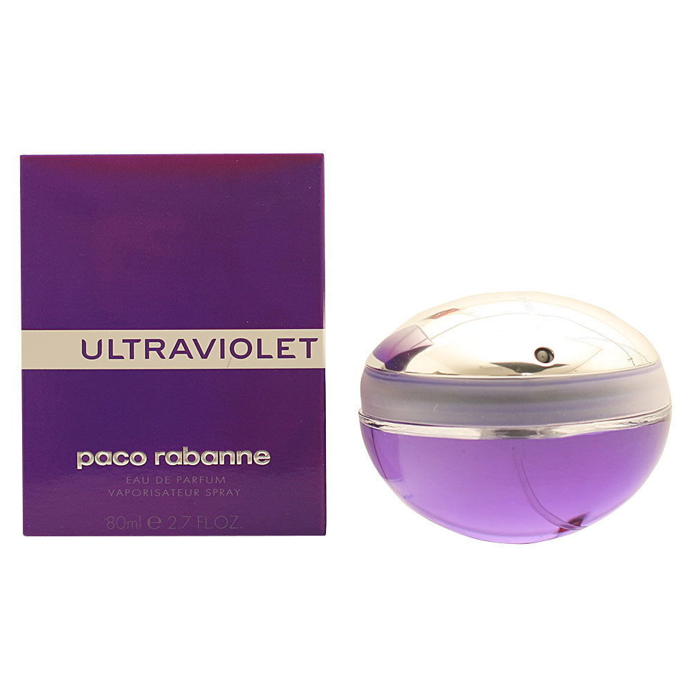 80 ml violet-hued floral oriental perfume bottle, metallic-finish cap