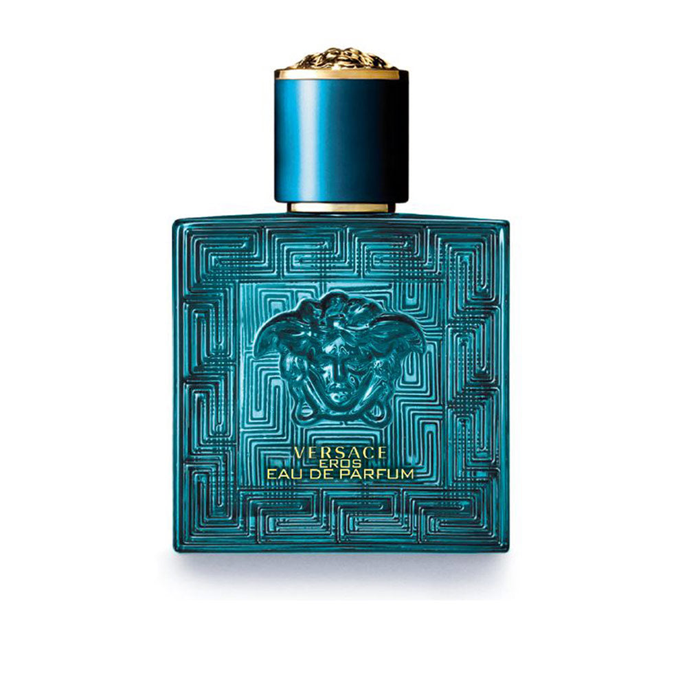 Blue glass perfume bottle with Greek meander and Medusa, 50 ml