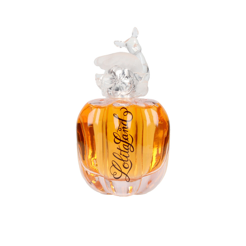 Transparent sculpted glass perfume bottle with rose‑tinted liquid, 40 ml