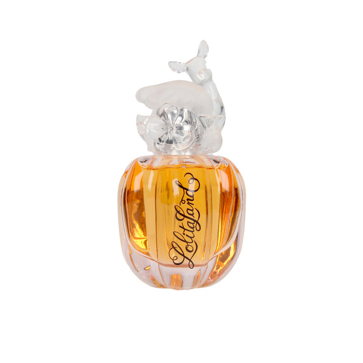 Transparent sculpted glass perfume bottle with rose‑tinted liquid, 40 ml
