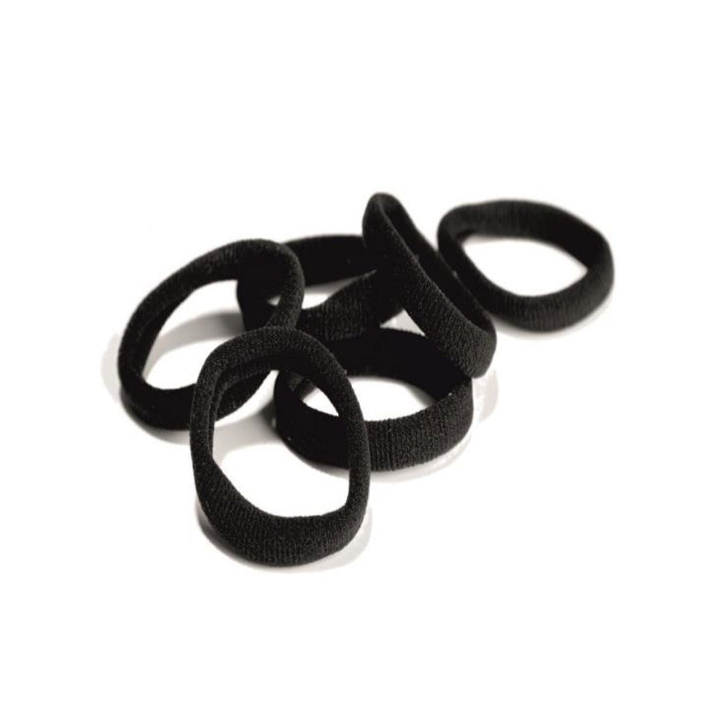Pack of ten matte black acrylic hair ties for Unisex styling, arranged on white background