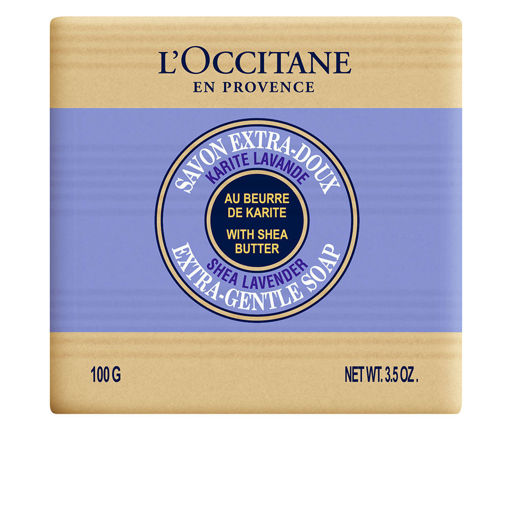 L'occitane En Provence Beige and lavender soap bar in paper packaging with circular label and multi-font text