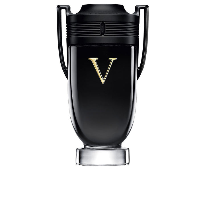 Glossy black 100 ml eau de parfum bottle with gold V and matte black cap