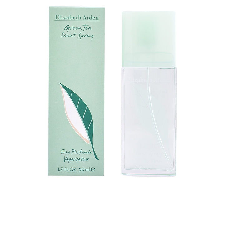 Green-tinted glass 50 ml perfume bottle with engraved leaf, citrus scent