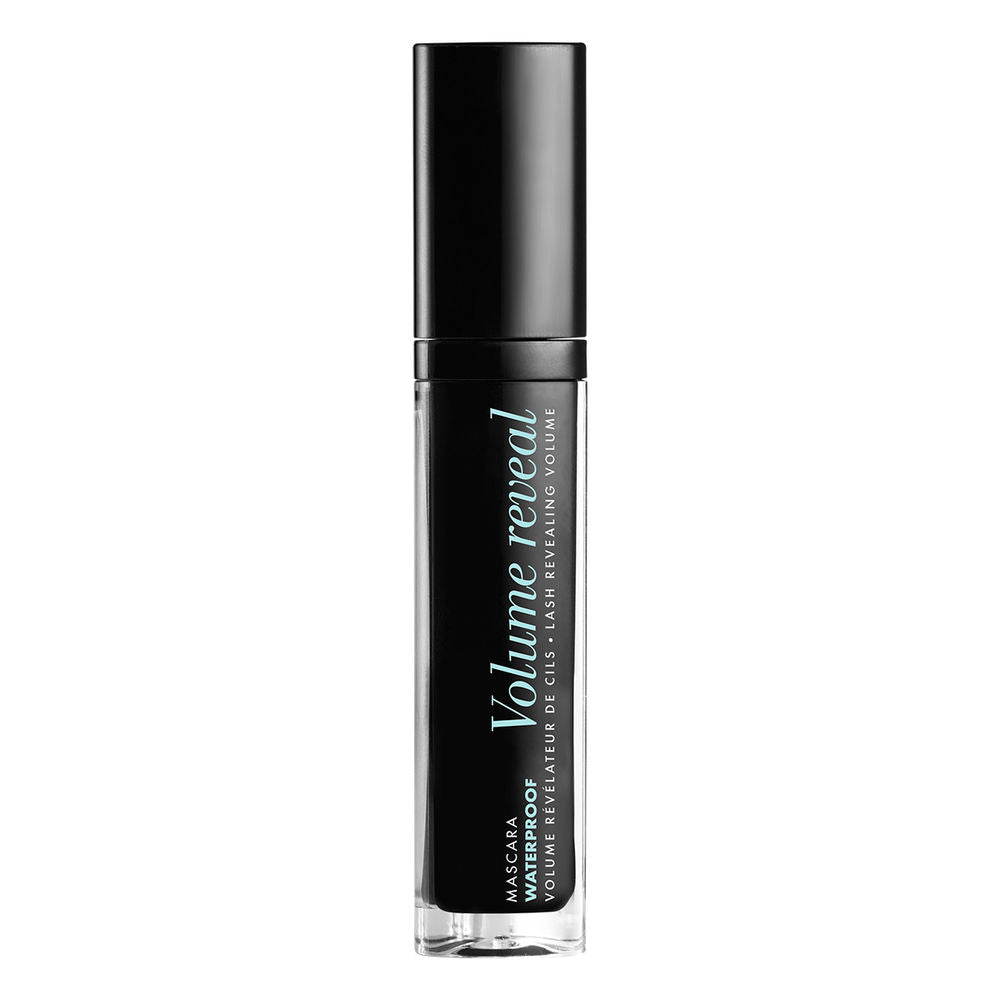 Black waterproof mascara tube with 3× magnifying mirror and dual‑level brush