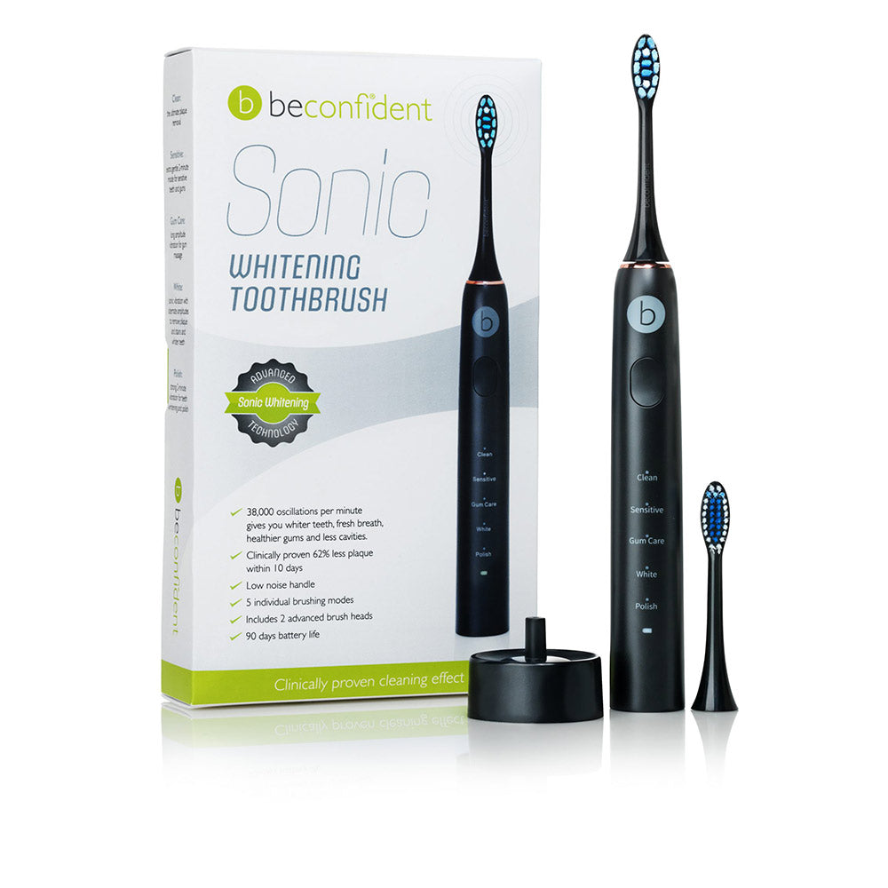 Beconfident sleek black sonic electric toothbrush with replaceable heads, LED indicators, charging base