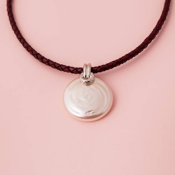 Braided Leather Pendant Necklace in Burgundy and Silver