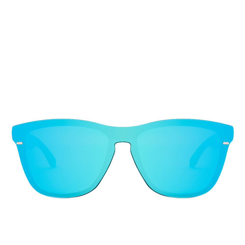 Unisex black sport mask sunglasses with blue chromed mirror lenses and silicone nose pads