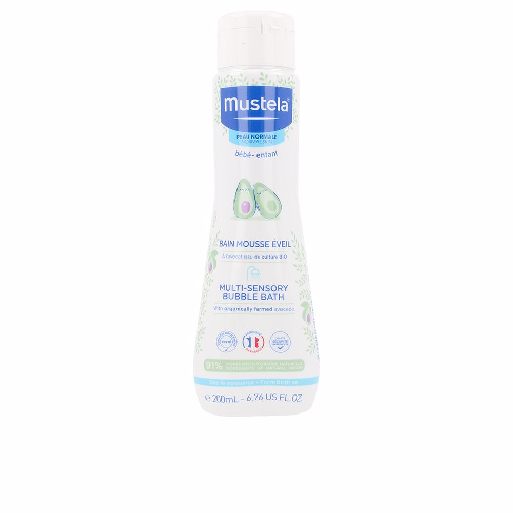 200 ml bubble wash bottle with blue-tinted foam, avocado and cornflower accents