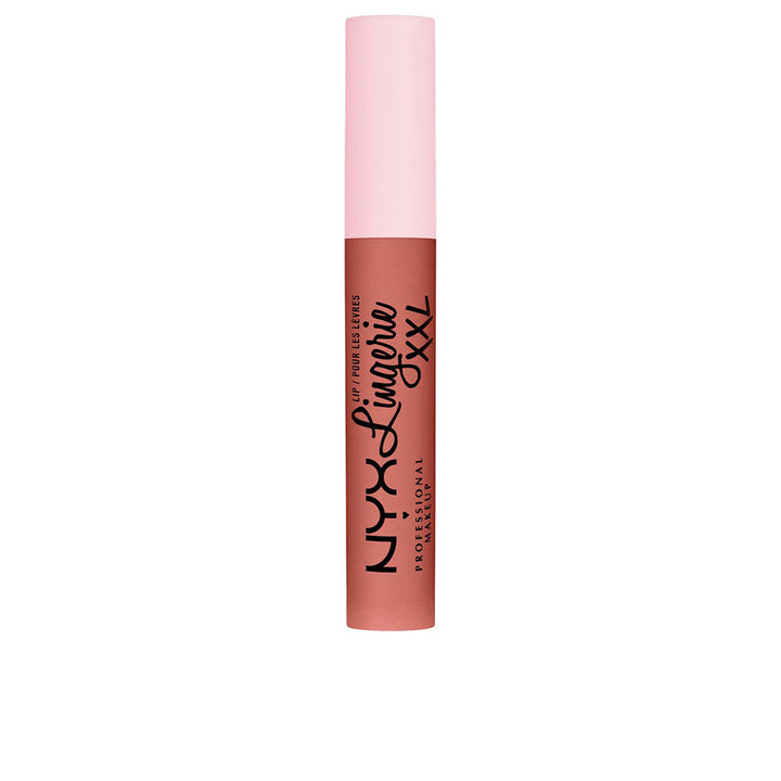 Sleek tube of matte liquid lipstick with angled wand, warm neutral shade