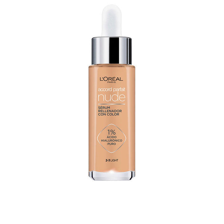 30 ml tinted hydrating serum bottle with pump, lightweight luminous finish