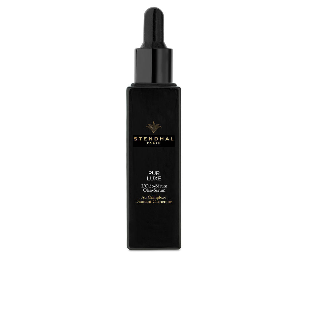 30 ml amber glass bottle of oil-serum with dropper, botanical ingredients listed