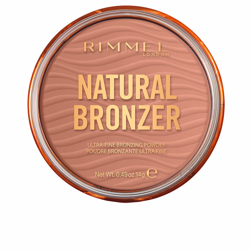 Round compact of finely milled bronzer powder, warm golden-brown shade, 14 g