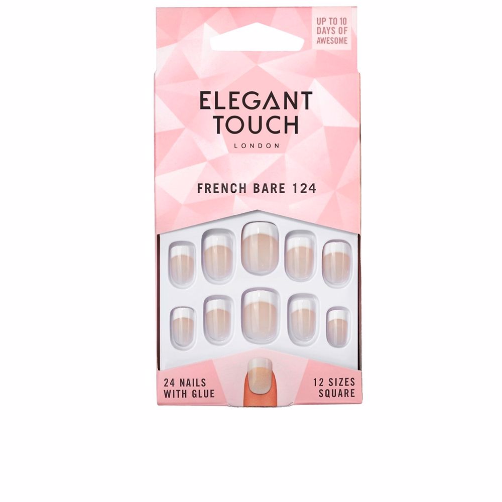 24-piece square French pink press-on nails with white tips, pre-glued
