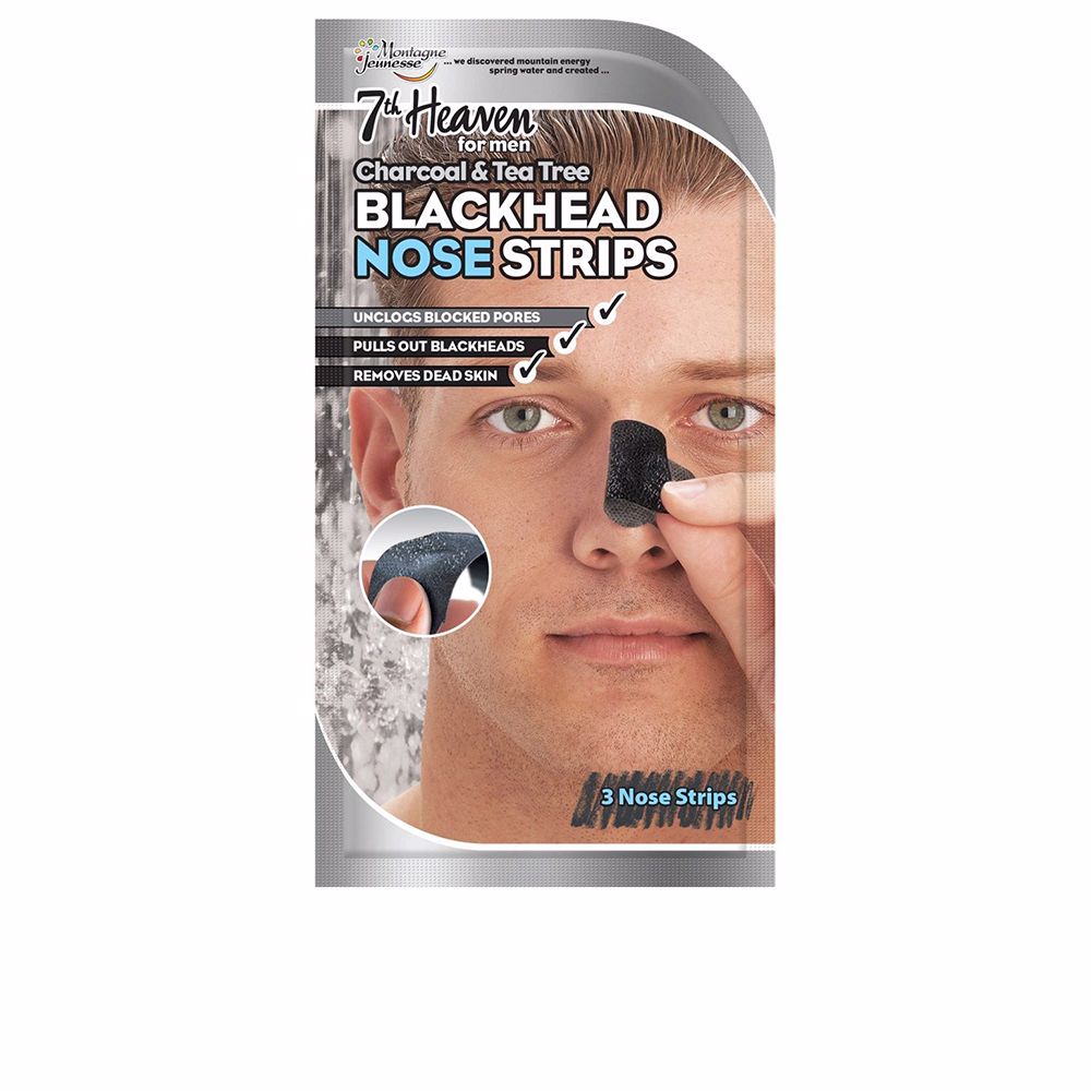 Pack of three black charcoal nose strips for Man, adhesive peel-off blackhead remover