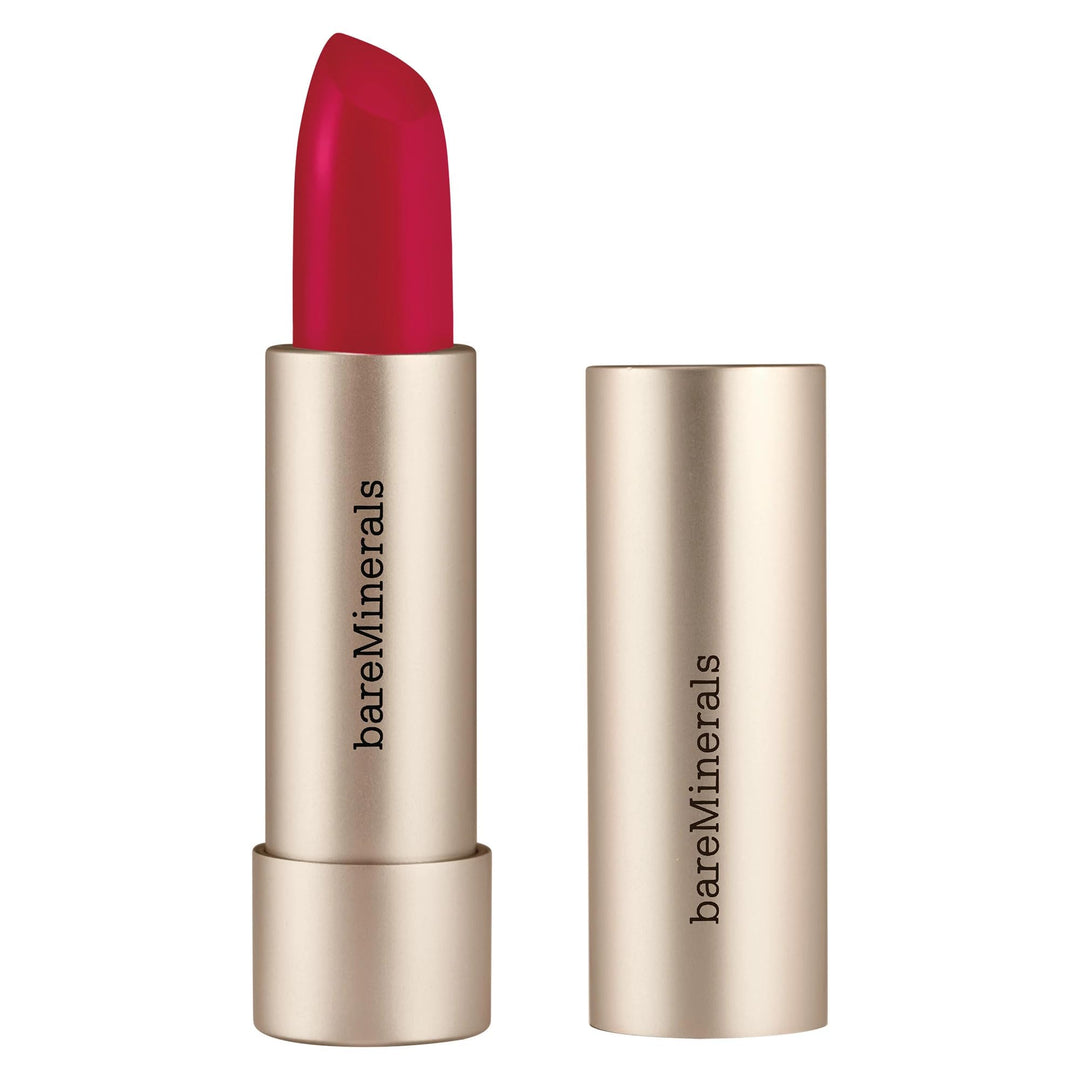 Satin-finish lipstick tube, warm rose shade, 3.6 g, vegan formula