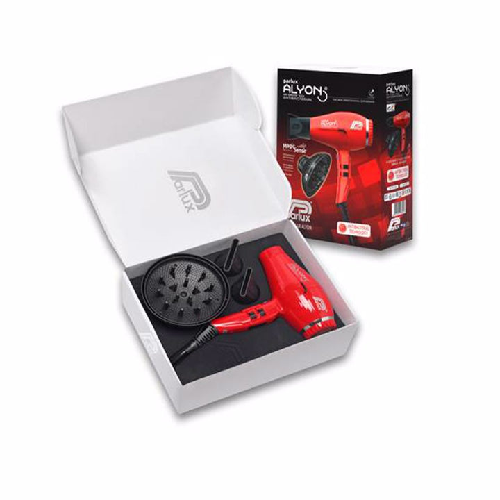Compact blue professional hair dryer with concentrator nozzle and integrated hook.
