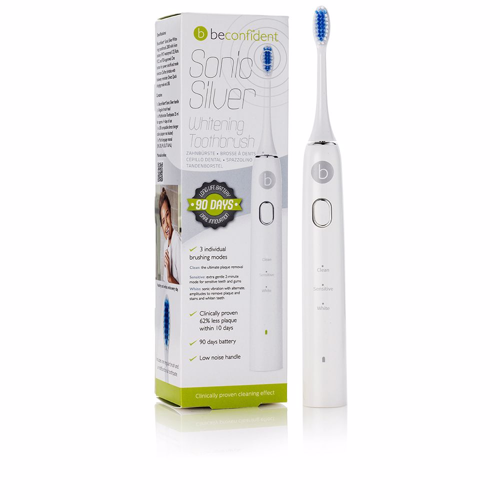 White and silver sonic toothbrush with slim head and matte grip, rechargeable