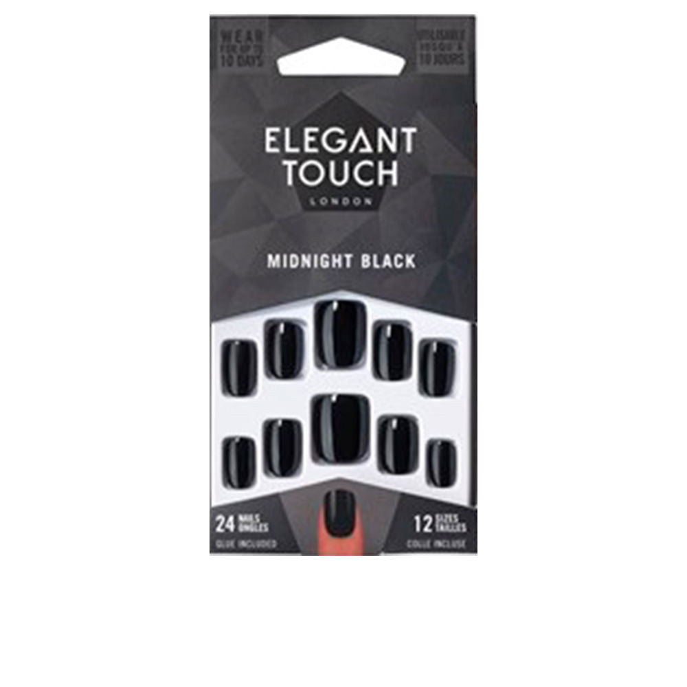 24-piece midnight black glossy press-on false nails set with adhesive tabs