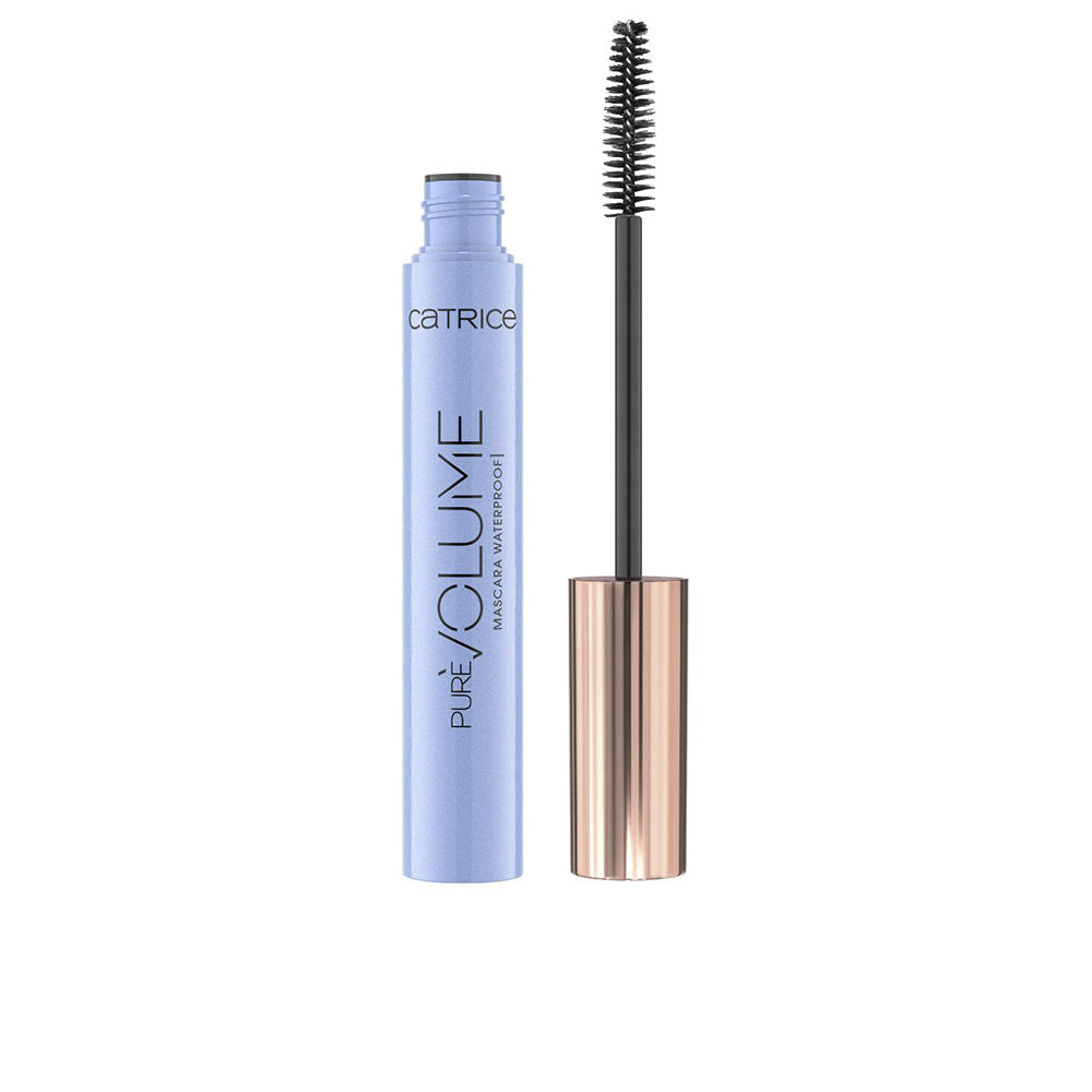 Black waterproof volumising mascara in 10 ml tube with tapered brush