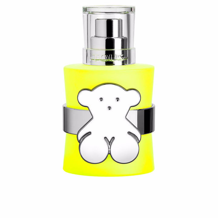 Lime‑green hourglass 30 ml perfume bottle with chrome band and logo