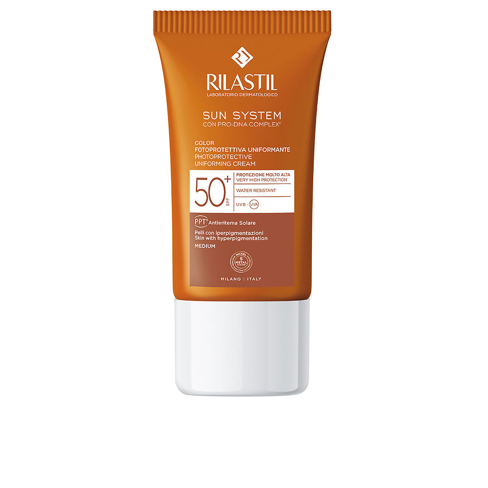 Tinted SPF 50+ photoprotective cream in 50 ml tube, satin finish