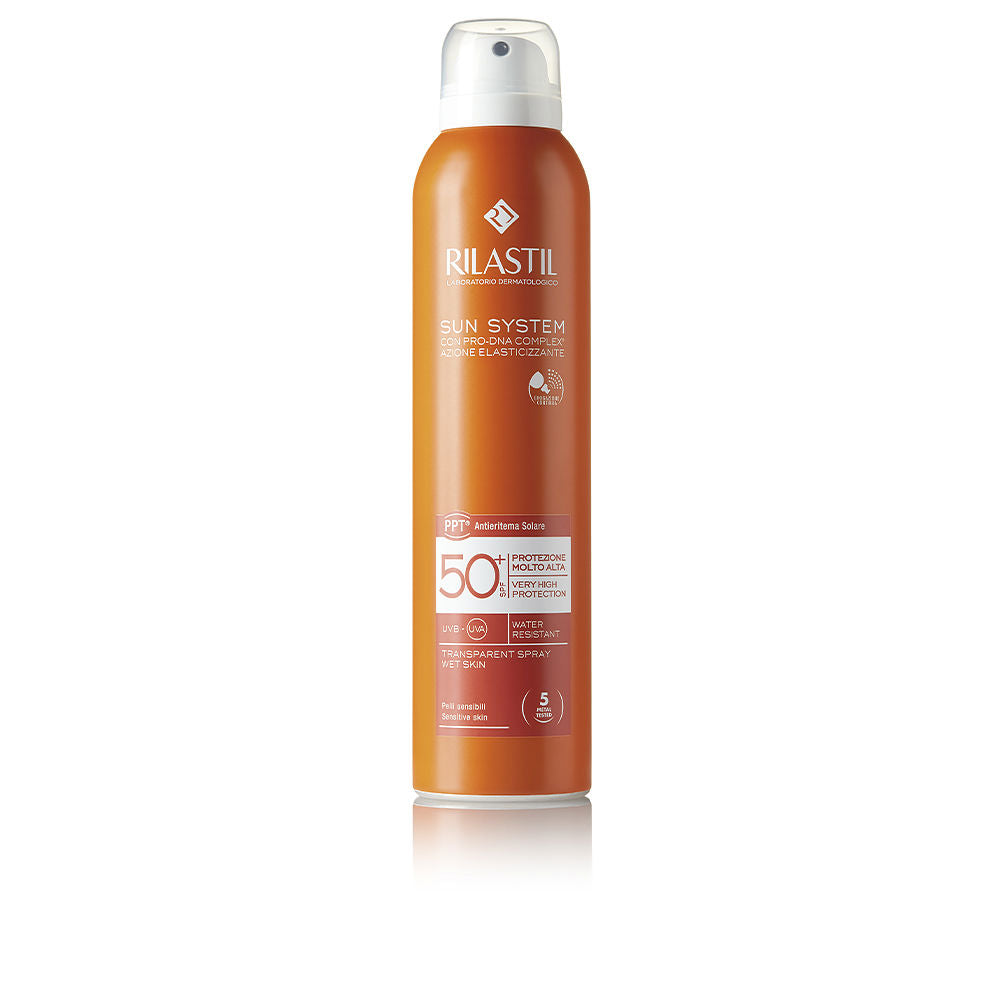 Matte white 200 ml sun protection spray bottle labelled SPF 50+ waterproof, unisex