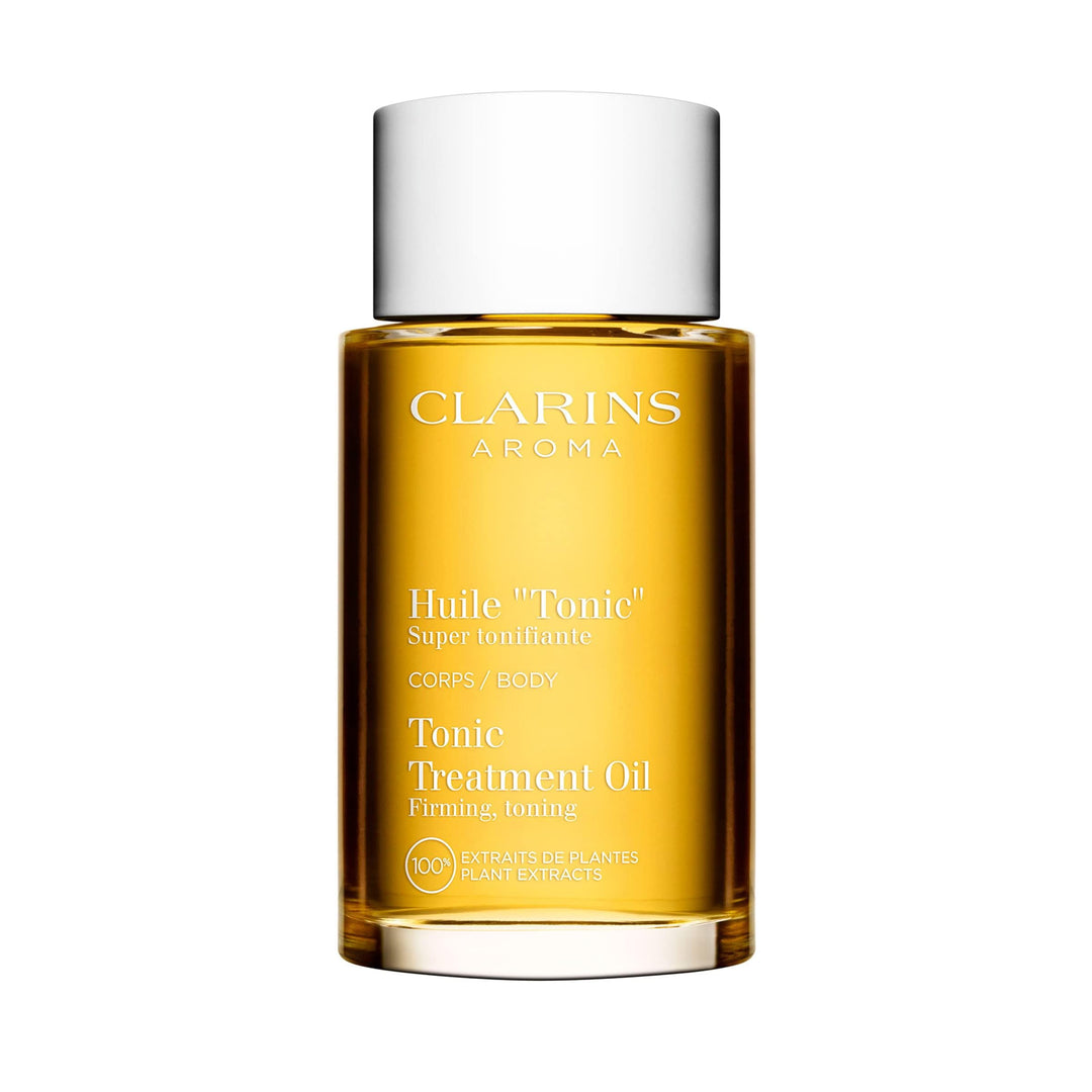 Clear 100 ml bottle of toning botanical body oil with hazel and rosemary notes