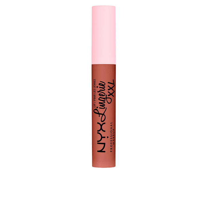 Unisex model wearing matte brown liquid lipstick, doe-foot applicator visible