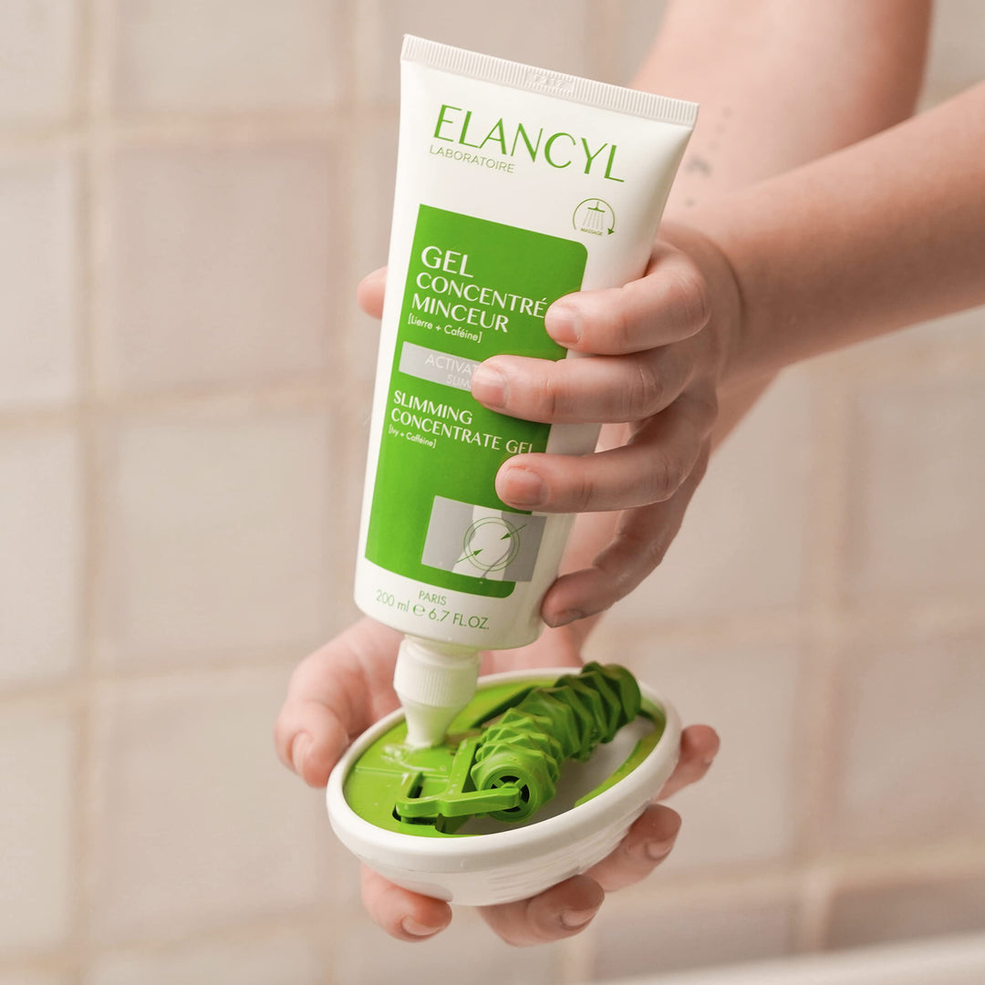 Elancyl Slim Massage Set: anti-cellulite gel and dual-roller massage glove displayed