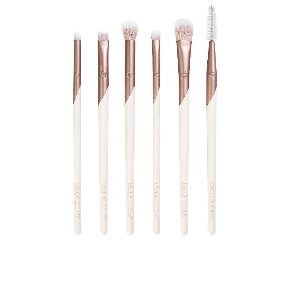 Ecotools Six-piece white and rose gold eye brush set with synthetic bristles, varied shapes, spoolie and angled brush
