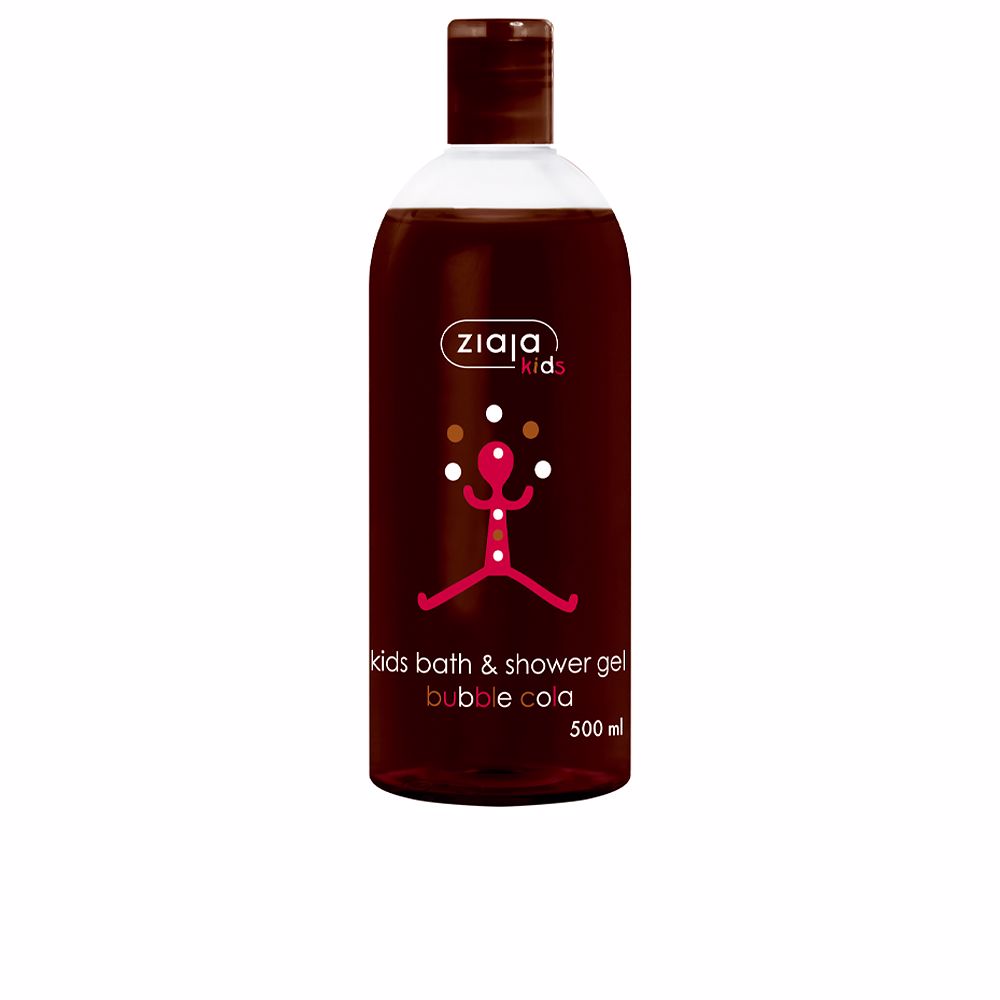 Bottle of Ziaja Kids Bubble Cola bath gel with playful bubbles around it