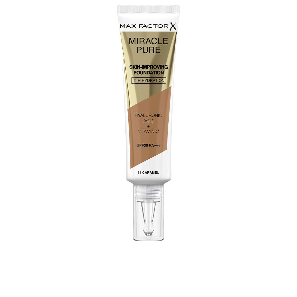 30 ml tinted foundation bottle, shade 85‑Caramel, SPF30, medium finish