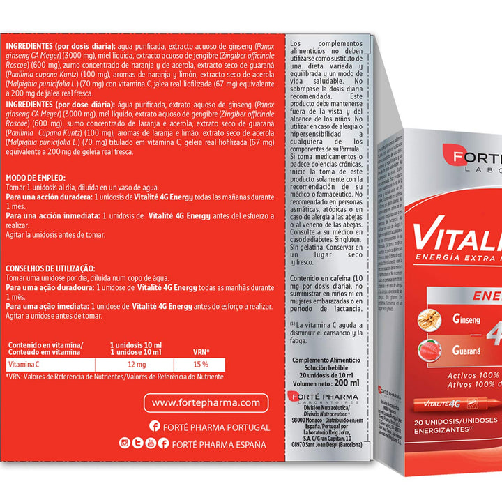 Box of 20 single‑dose herbal energy vials with botanical ingredients listed