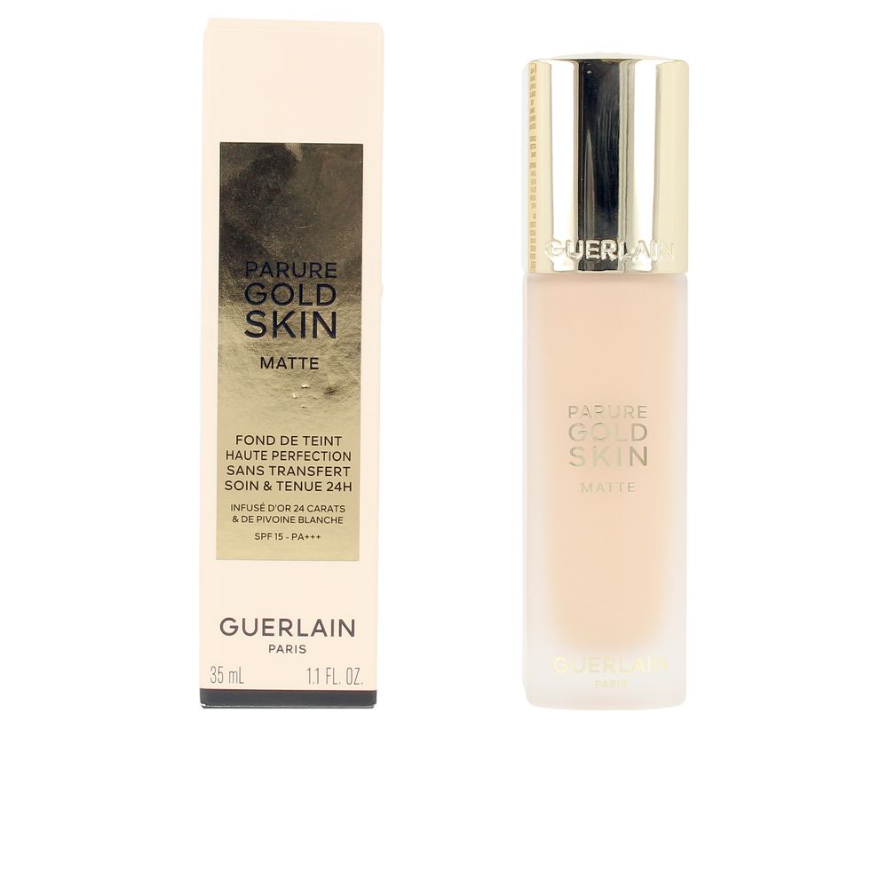 35 ml matte foundation bottle with subtle gold shimmer, shade 1W, unisex