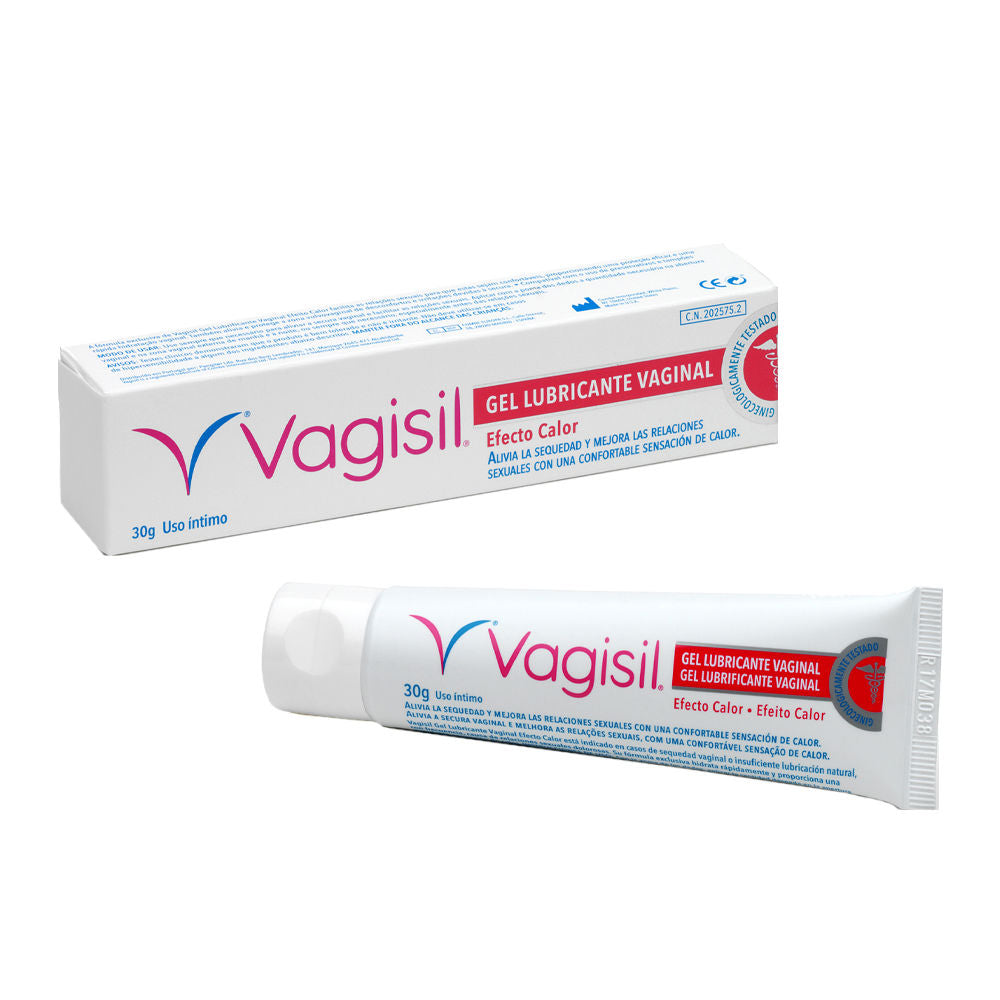 Vagisil White plastic tube and rectangular box with pink and blue text, red label, stylized V logo, modern clinical design