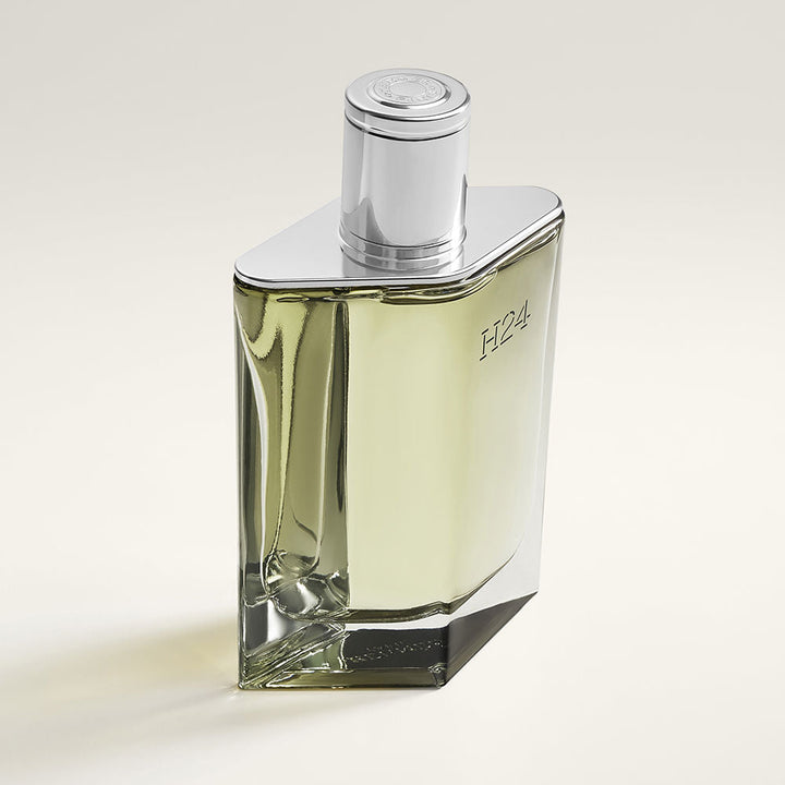 Moss-green lacquered refillable glass bottle, 100 ml, grey recycled-paper case
