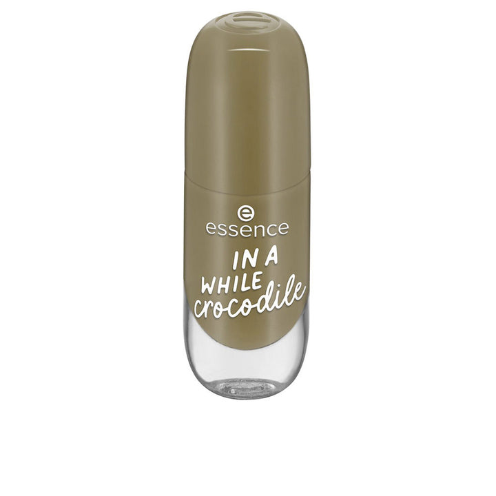 Bottle of 8 ml gel-finish nail polish in muted green shade with large flat brush